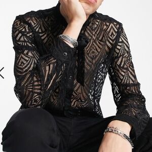 ASOS DESIGN sheer lace shirt with tie neck in black